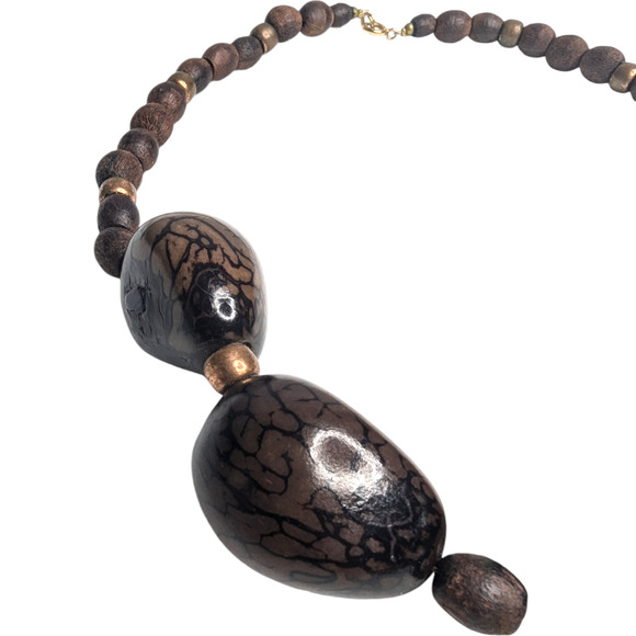 Boho Dark Brown Smooth Wooden Beaded Necklace Womens Vintage Jewelry - Picture 4 of 8